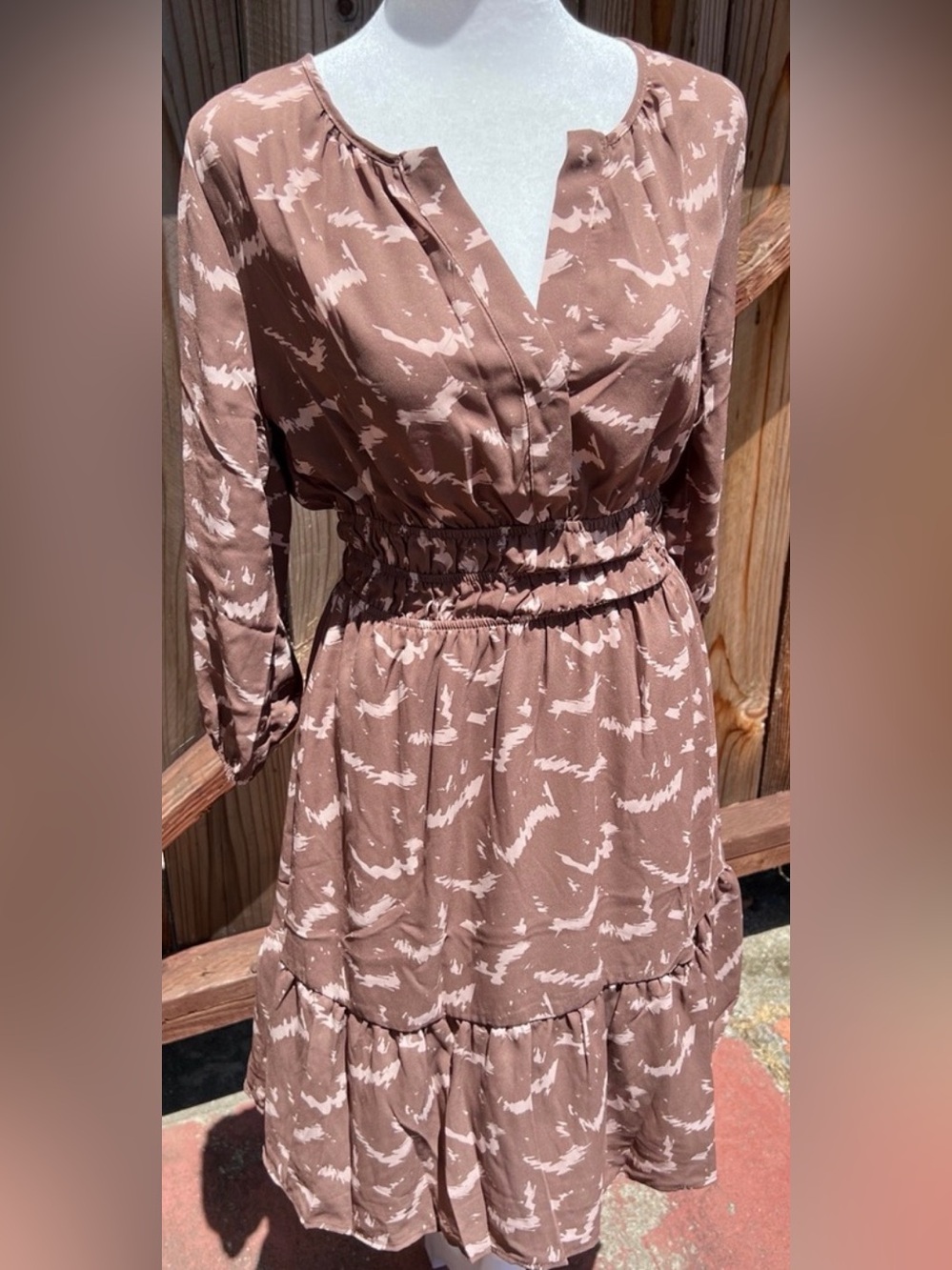 G.I.L.I. Brown Printed Tiered Long-Sleeve Dress
